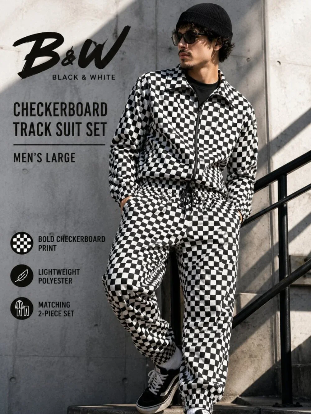 B&W Black & White Checkerboard Track Suit Set Jacket & Pants Size Large